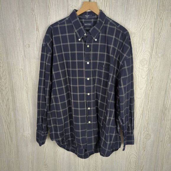 Nautica Mens Size XXL Button Front Shirt Blue Plaid Long Sleeve 100% Cotton - Picture 1 of 4